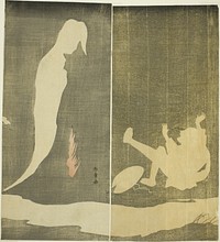 Man Falling Backward, Startled by a Woman's Ghost over a River by Katsukawa Shunsho