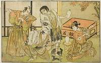 The Actors Iwai Hanshiro IV as Otatsu-gitsune, Nakamura Nakazo I as Raigo Ajari, Sakata Tojuro III as Kamada Gon-no-kami Masayori, and Ichikawa Yaozo II as Sakon-gitsune (right to left), in the play "Nue no Mori Ichiyo no Mato," performed at the Nakamura Theater in the eleventh month, 1770 by Katsukawa Shunsho