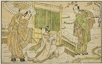 The Actors Arashi Sangoro II as Minamoto no Yoritomo (right), Segawa Kikunojo II as Yuki Onna (center), and Ichimura Uzaemon IX as Kajiwara Genta no Kagetoki, in the Play Myoto-giku Izu no Kisewata, Performed at the Ichimura Theater in the Eleventh Month, 1770 by Katsukawa Shunsho