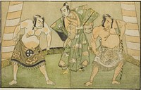 The Actors Nakamura Sukegoro II as Matano no Goro (right), Onoe Kikugoro I as Soga no Taro (center), and Otani Hiroji III as Kawazu no Saburo (left), in the Play Myoto-giku Izu no Kisewata, Performed at the Ichimura Theater in the Eleventh Month, 1770 by Katsukawa Shunsho