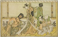 The Actors Otani Hiroji III as Kawazu no Saburo (right), Segawa Kikunojo II as Princess Tatsu (Tatsu Hime) (center), and Nakamura Sukegoro II as Matano no Goro (left), in the Play Myoto-giku Izu no Kisewata, Performed at the Ichimura Theater in the Eleventh Month, 1770 by Katsukawa Shunsho