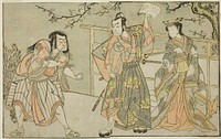 The Actors Yamashita Yaozo I as Ono no Komachi (right), Matsumoto Koshiro II as Godai Saburo (center), and Ichikawa Danzo III as Otomo no Kuronushi (left), in the play "Kuni no Hana Ono no Itsumoji," performed at the Nakamura Theater in the eleventh month, 1771 by Katsukawa Shunsho