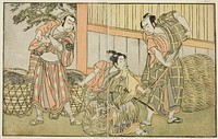 The Actors Kasaya Matakuro II as Hagun Taro (right), Ichikawa Monnosuke II as Izutsu no Suke Narihira (center), and Nakamura Nakazo I as Kose no Kanaoka Disguised as Sogoro the Charcoal Maker, in the Play Kuni no Hana Ono no Itsumoji, Performed at the Nakamura Theater in the Eleventh Month, 1771 by Katsukawa Shunsho