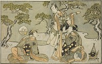 The Actors Nakamura Nakazo I as Matsukaze (right), Ichikawa Komazo II as Ariwara no Yukihira (center), and Iwai Hanshiro IV as Murasame (left), in the Play Kuni no Hana Ono no Itsumoji, Performed at the Nakamura Theater in the Eleventh Month, 1771 by Katsukawa Shunsho