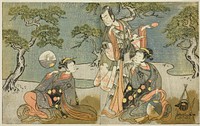 The Actors Nakamura Nakazo I as Matsukaze (right), Ichikawa Komazo II as Ariwara no Yukihira (center), and Iwai Hanshiro IV as Murasame (left), in the Play Kuni no Hana Ono no Itsumoji, Performed at the Nakamura Theater in the Eleventh Month, 1771 by Katsukawa Shunsho