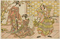 The Actors Ichikawa Danjuro V as Miura Kunitae (right), Segawa Kikunojo III as Yasukata (center), and Iwai Hanshiro IV as Utou (left), in the Play Godai Genji Mitsugi no Furisode, Performed at the Nakamura Theater in the Eleventh Month, 1782 by Katsukawa Shunsho