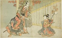 The Actors Yamashita Kinsaku II as Mutsuhana (right), Bando Mitsugoro I as Kashiwagi no Emon (center), and Nakamura Sukegoro II as Akamatsu Mushanosuke (left), in the Play Fuki Kaete Tsuki mo Yoshiwara (Rethatched Roof: The Moon also Shines Over the Yoshiwara Pleasure District), Performed at the Morita Theater in the Eleventh Month, 1771 by Katsukawa Shunsho