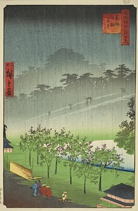 Night Rain at the Paulownia Grove at Akasaka (Akasaka Kiribatake uchu yukei), from the series "One Hundred Famous Views of Edo (Meisho Edo hyakkei)" by Utagawa Hiroshige II (Shigenobu)