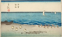 Shirosato Beach in Kazusa Province (Kazusa Shirosato kaihin), section of sheet no. 7 from the series "Cutout Pictures of the Provinces (Kunizukushi harimaze zue)" by Utagawa Hiroshige