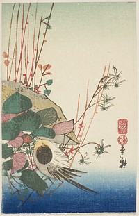 Sparrow on a hanging planter by Utagawa Hiroshige