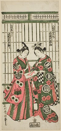 The Actors Sanogawa Ichimatsu I as Oshichi and Nakamura Kumetaro I as Kichisaburo in the play "Izu Kosode Shobai Kagami," performed at the Nakamura Theater in the second month, 1751 by Ishikawa Toyonobu