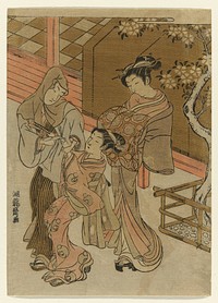 Courtesan Watching her Attendant Detain Hooded Man by Isoda Koryusai