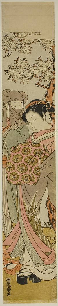 Courtesan Walking with Veiled Man under Cherry Tree by Isoda Koryusai