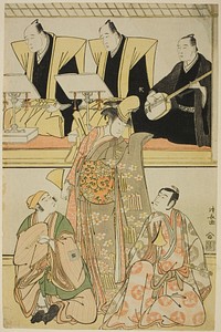 The Actors Nakayama Kojuro VI (Nakamura Nakazo I) as Chidori, Sawamura Sojuro III as Shigemori, and Ichikawa Yaozo III as Yoshibei, in the shosa "Fukyoku Edo Geisha," performed at the Nakamura Theater in the eleventh month, 1785 by Torii Kiyonaga