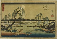 Catching Sweetfish in the Tama River under the Autumn Moon (Tamagawa aki no tsuki ayuryo no zu), from the series "Snow, Moon, and Flowers at Famous Places (Meisho setsugekka)" by Utagawa Hiroshige