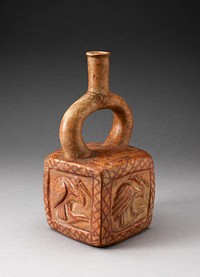 Square Stirrup Spout Vessel with Raised Bird Motifs by Moche