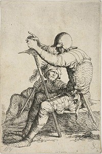 Two warriors, one seated on a low foreground rock and holding a war hammer; the other figure seated on the ground behind him, holding a mace across his right shoulder and looking up at the foreground fugure, from Figurine series by Salvator Rosa