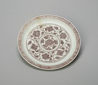 Shallow Dish with Peony Scrolls, Chrysanthemum Sprays, and Key-Fret Border; Lotus Panels Panels Under Rim