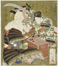 Ushiwakamaru (Minamoto no Yoshitsune) defeats Benkei in a game of sugoroku by Totoya Hokkei