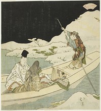 Nobleman and court lady boating at night near a snow-covered shore by Totoya Hokkei