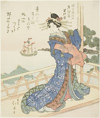 Courtesan watching foreign ship from balcony by Totoya Hokkei