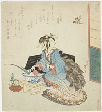 Geisha looking up at a cuckoo, from the series "Five Annual Festivals for the Katsushika Circle (Katsushika gosekku)" by Katsushika Taito II