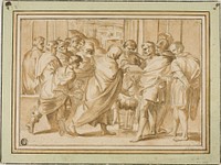 Scene from Roman History, with Draped Figure Presenting Book to Ruler by Eustache Le Sueur