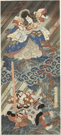 The actors Ichikawa Danjuro VII as Kan Shojo (Sugawara Michizane) and Segawa Kikunojo V as Umeomaru in the play "Sugawara Denju Tenarai Kagami," performed at the Kawarazaki Theater in the ninth month, 1832 by Utagawa Kunisada I (Toyokuni III)