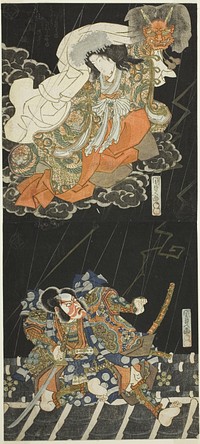 The actors Ichikawa Danjuro VII as Watanabe no Tsuna and Segawa Kikunojo V as the female demon in the play "Modori Bridge (Modoribashi)" by Utagawa Kunisada I (Toyokuni III)