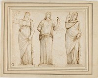 Three Roman Statues of Draped Female Figures and Sketch of Another Statue in Profile to Right by Unknown