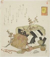 Seaweed, portable writing case, and plum branch, no. 5 from the series "The Rabbit's Boastful Exploits (Usagi tegarabanashi)" by Ryuryukyo Shinsai