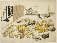 A Man and a Courtesan Watching a Young Man Writing, first sheet of the album "Mountain of Dyed Color, Specimens of Bedrooms (Someiro no yama neya no hinagata)" by Okumura Masanobu