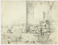 Children, Woman with Infant and Three Soldiers Sitting Among Ruins by Lake by George Cattermole