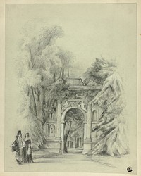 Couple in 17th Century Dress Standing Before Entrance to Park by Charles de Anson