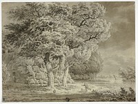 Approaching Storm; Wind Blown Trees; Boy and Dog Running Home by Circle of Egbert van Drielst