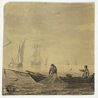 Fishermen Pulling in Net on a Boat by Cornelis Ouboter van der Grient