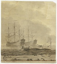 Whaling Ships and Small Boats with Whale by Cornelis Ouboter van der Grient