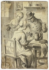 Woman Reading at Table While Man and Woman Listen In by Egbert van Heemskerk, the elder