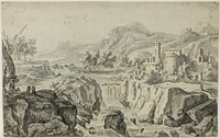 Italianate Landscape with Waterfall and Buildings by Gerrit Rademaker