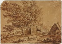 Rustic Scene with Sheep, Sheds, and Spreading Trees by Jan van der Meer, the Younger