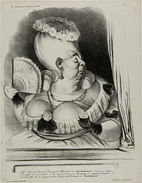 Miss Etienne-Mona-Lisa-Cunégonde-Silly Goose of the Constitutionnel, indignate, choking and over-ornate at the performance of Anthony in which the mischievous Dumas had the indecency of scoffing at the noble family Silly Goose of the Constitutionnel..., plate 385 by Honoré-Victorin Daumier