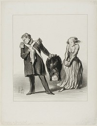 “- Here, Eudoxie, take my bear skin... since from now on I will not have the pleasure any more to wear it, I give it to you to make a muff out of it... This way I have at least the satisfaction of seeing it from time to time” by Honoré-Victorin Daumier