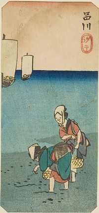 Low Tide at Shinagawa (Shinagawa shiohi), section of a sheet from the series "Cutouts of Famous Places in Edo (Harimaze Koto meisho)" by Utagawa Hiroshige