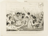 The source of the Seine is the Cote d'Or, and it empties into the Channel. On its way it traverses Paris where the inhabitants escape the summer's heat and try to find freshness and purity in this river, plate 3 from Les Baigneurs by Honoré-Victorin Daumier