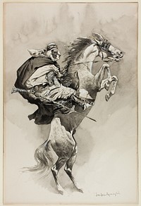 "As They Threw their Animals Back upon their Haunches," illustration for An Arabian Day and Night, in Harper's New Monthly Magazine by Frederic Remington