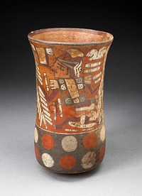 Beaker Depicting Warriors Holding Feathered Staffs with Regalia by Nazca