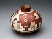 Jar Depicting a Performer Wearing Abstract Bird Costume and Holding a Trophy Head by Nazca