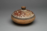 Low Jar with Small Spout Depicting a Repeated Abstract Star or Face Motif by Nazca