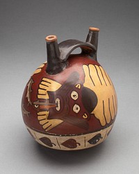 Double Spout Vessel Depicting a Costumed Ritual Performer with Sharks by Nazca