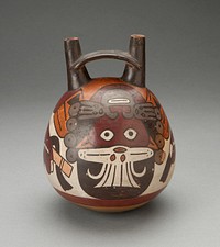 Double Spout Vessel Depicting Masked Figure Curving over Upper Surface by Nazca